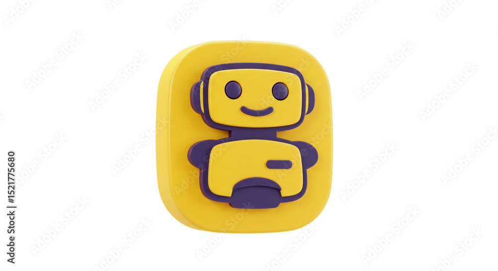 Poster a yellow and purple robot icon with a rounded square background on a white isolated background