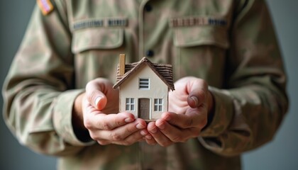 Caucasian man holding small model house in his hands. Military uniform, housing concept. Veteran benefits. Real estate investment, mortgage and homeownership. Buying property, residential loan.
