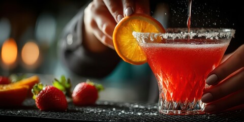 Expert bartender prepares a vibrant cocktail garnished with fresh orange and strawberries in a modern bar setting