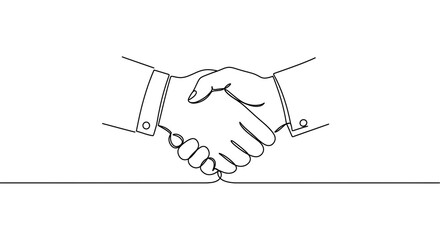 A continuous line drawing of two hands in a handshake wearing suits on a white background simple design
