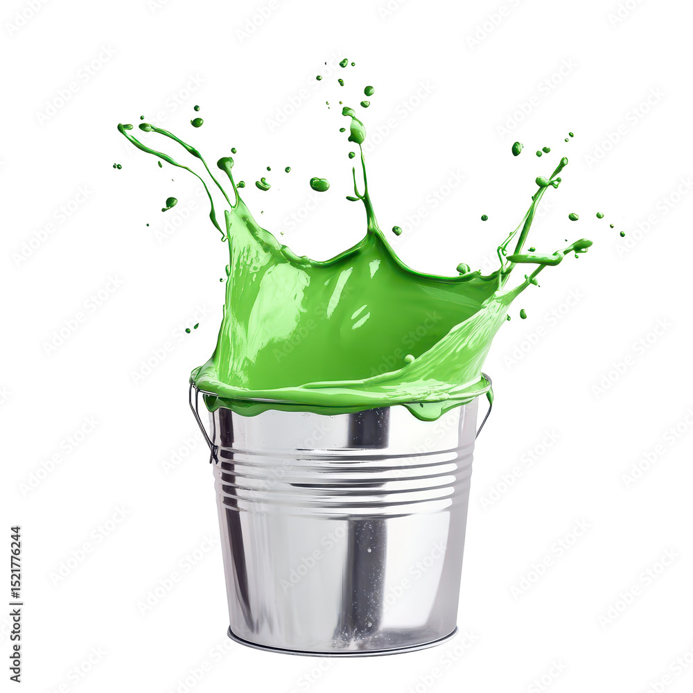 Poster green paint splashed from metal bucket creates dynamic visual effect in a studio setting