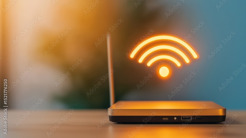 Aufkleber wireless connectivity symbol emanating from laptop on a desk with a soft focus background of a works
