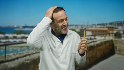 Fototapeta premium Mature man in a lab coat holds a bamboo toothbrush, gesturing on a seaside promenade with a bright sea backdrop.
