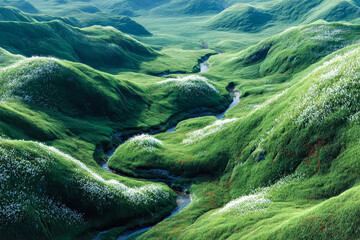Lush green hills and winding streams create a serene landscape bathed in soft sunlight during a peaceful afternoon in nature