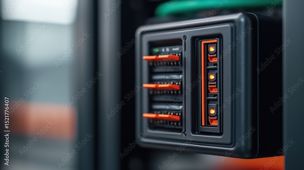 Poster modern server cabinet with illuminated switches and indicators in a high-tech data center environmen