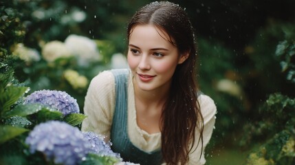 雨の中、アジサイに囲まれる笑顔の女性