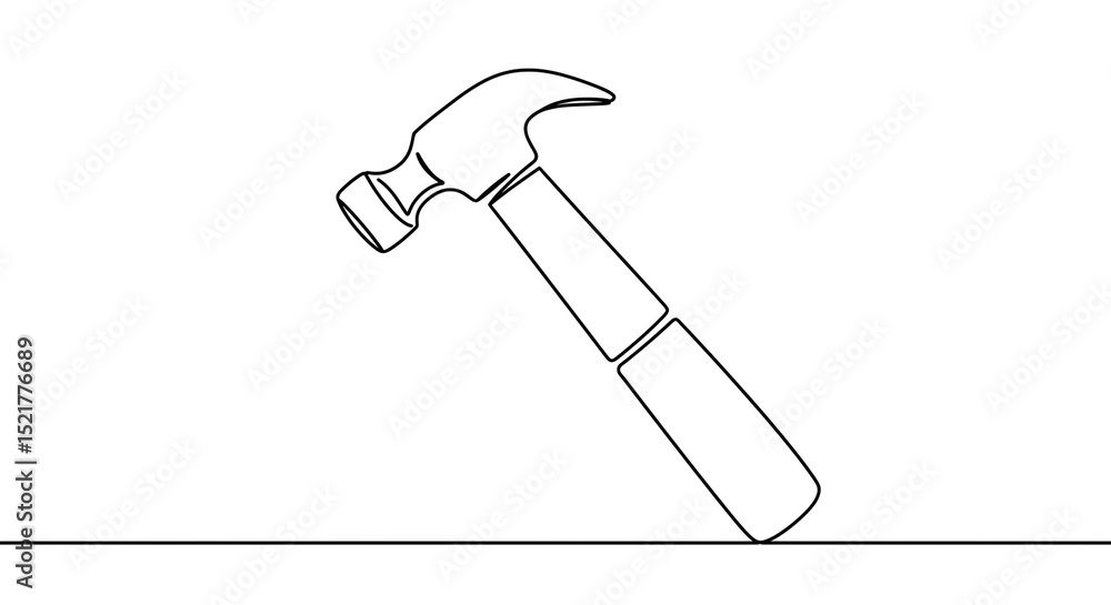 Poster a minimalistic line drawing of a hammer resting on a flat surface with a white background clearly vi