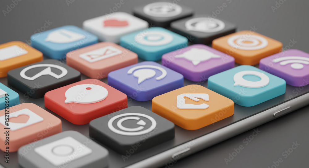 Poster close up of a smartphone screen displaying a variety of colorful app icons in a grid arrangement