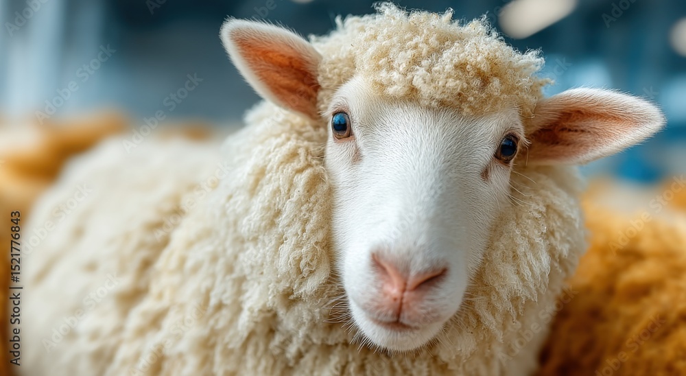 Poster close-up of a sheep's face, symbolizing animal welfare and sustainable farming practices, with soft 
