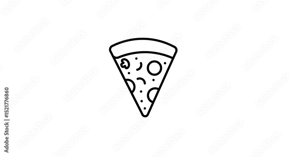 Poster a minimalistic line drawing of a pizza slice with toppings on a plain white background in a simple s