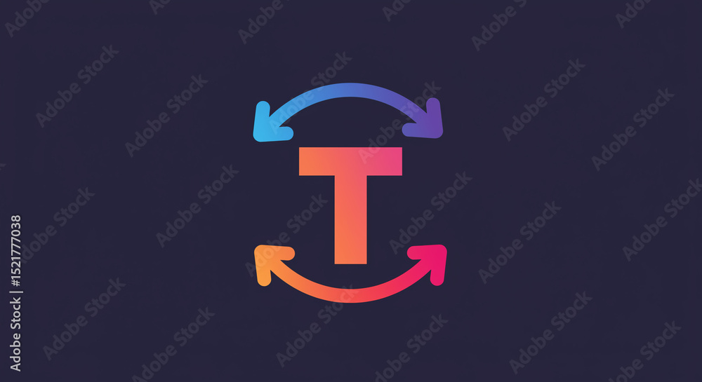 Poster a gradient letter t with curved arrows above and below it against a dark purple background design el