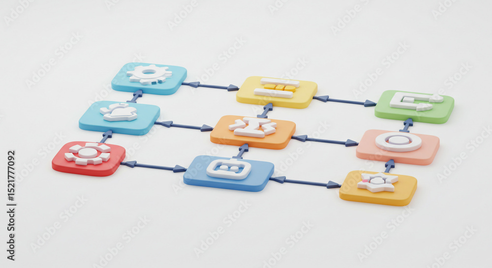 Poster a diagram of interconnected colorful blocks with icons connected by arrows on a white background