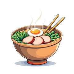 Vsai steaming bowl of ramen with pork, egg, and vegetables