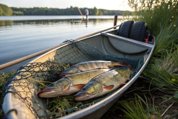 Obraz premium A fishing boat on the shore with three large pike fish in a net. A calm lake is visible in the background with a person fishing.