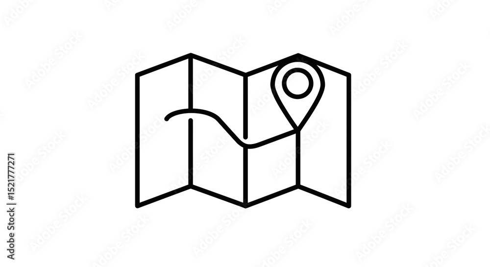 Poster a simple black and white line drawing of a folded map with a location pin and a winding path shown