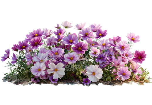 A large group of cosmos flowers in various shades of pink and purple, with some white blossoms scattered throughout, growing on the ground against a pure white background.