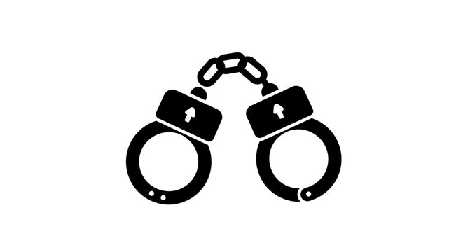 A black and white illustration of a pair of handcuffs connected by a chain on a white background