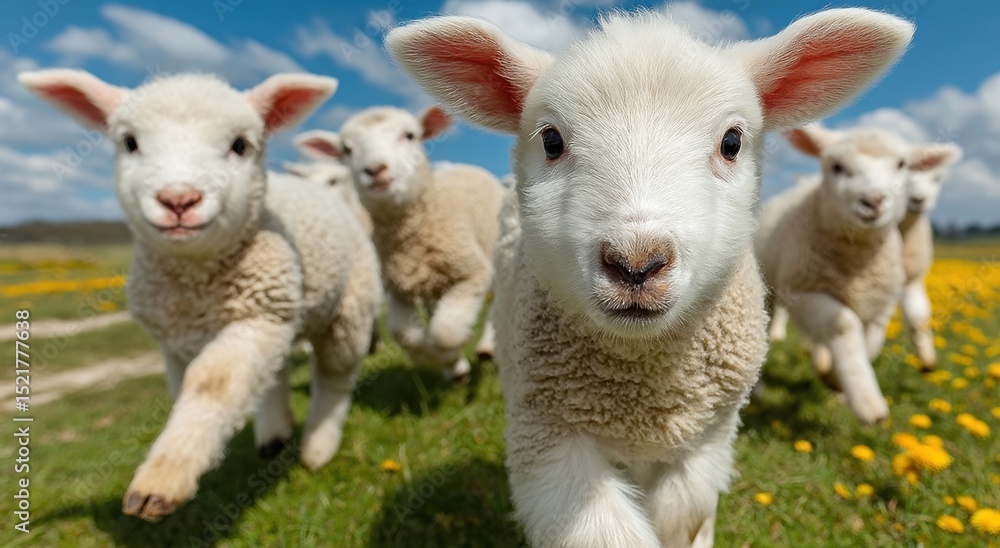Poster close-up of lambs running through a dandelion field on a sunny day, representing innocence and sprin