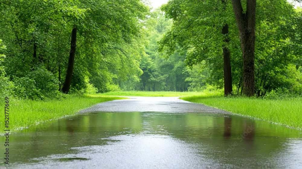 Poster paved path reflection: a serene view down a wet road, mirroring the lush green canopy above, embodyi