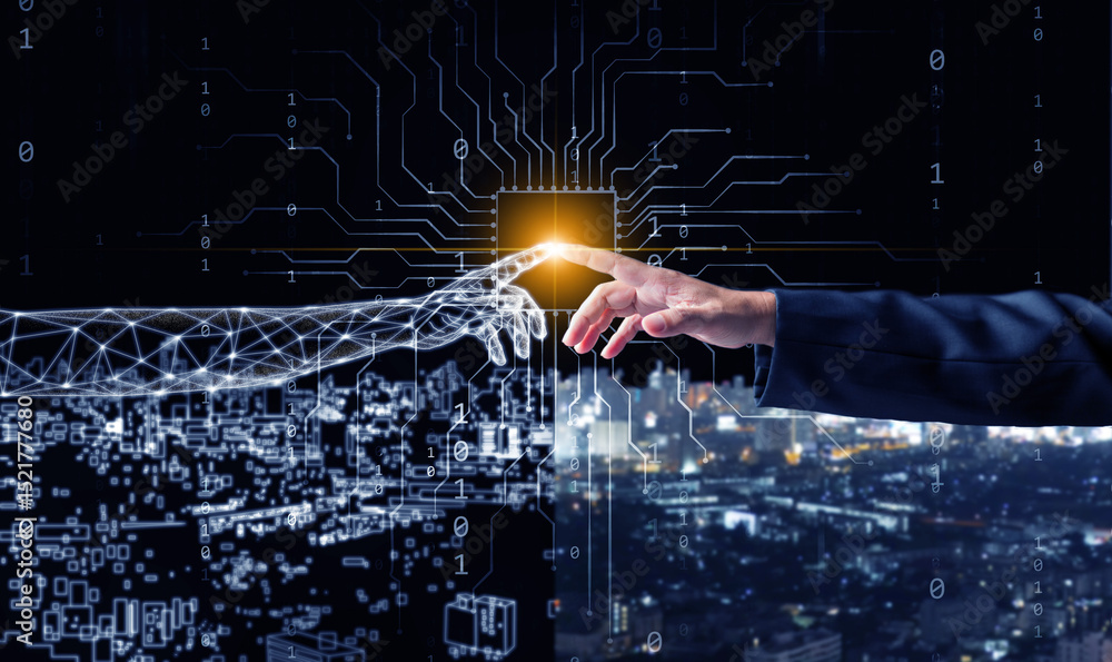 Poster digital twins concept. a man's finger touches a digital finger, bridging the physical and digital wo