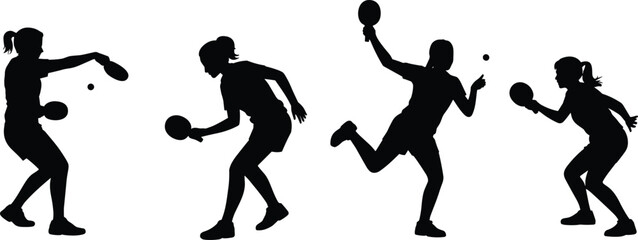 Silhouette Illustrations of Table Tennis Players in Action: Serving, Hitting, and Playing Poses