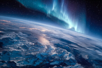 Naklejka premium Majestic aurora borealis dances over Earth’s landscape at twilight from a celestial perspective