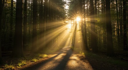 Fototapeta premium A sunlit path through a dense forest with tall trees casting long shadows on the road ahead in the morning