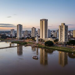 Cityscape at Dusk View of River and Buildings