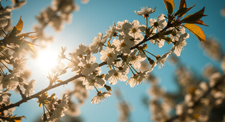 A close up shot of cherry blossoms against a blue sky with the sun shining brightly through the petals