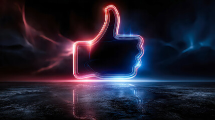 Vibrant neon thumbs up glowing against a dark backdrop creates an electrifying atmosphere for social interaction and digital connection