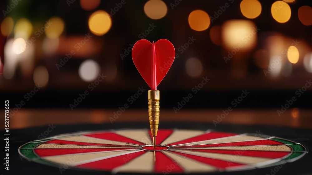 Poster heart-shaped dart on a dartboard with blurred background and soft lighting for concept of love and c