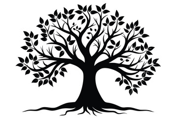 Silhouette of a Lush Tree with Full Canopy, Exposed Roots and Thick Trunk