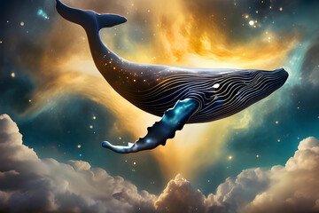 Whale Soaring Through Golden Clouds in a Dreamlike Cos