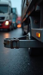 Trailer coupling device for towing. Metal, rust, hardware. Industrial equipment, detail shot. Commercial freight transport, trucking. Engineering, construction, logistic, automotive.