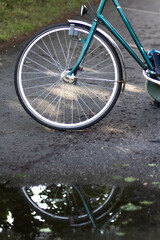 Bicycle wheel on asphalt path in park Deventer the Netherlands. High quality photo