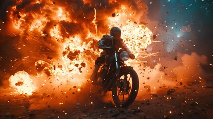 Man rides away from exploding bike in a dramatic action movie scene.