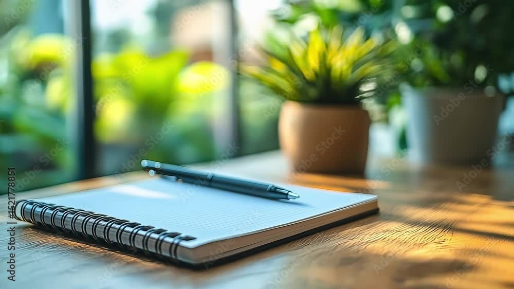 Poster pen sits on top of a notebook with a plant in the background. the notebook is open to a blank page, 