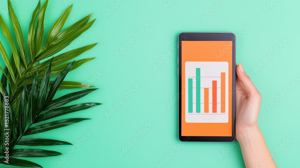 Poster modern smartphone displaying colorful bar chart on green background with palm leaf for business and 