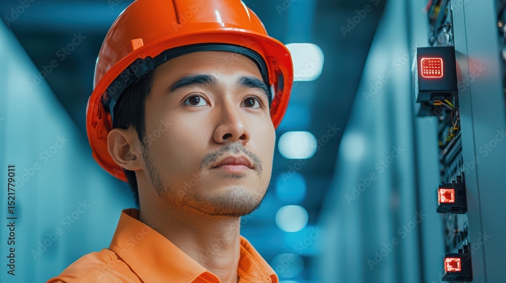 Poster young engineer in orange uniform and helmet working in high-tech data center with control panels and