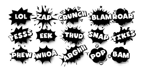 Comic fun meme sticker, speech bubble, pop art shout, retro exclamations. Black white sound effects for comics, branding, jokes, design elements. Vector illustration