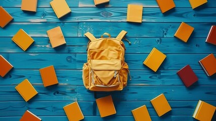 Yellow backpack sits on a wooden surface with a pile of books surrounding it. back to school concept - Powered by Adobe
