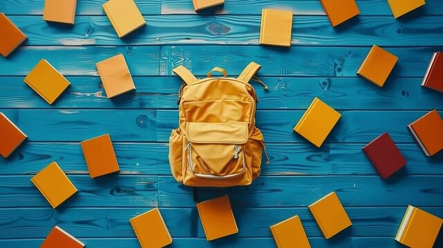 Yellow backpack sits on a wooden surface with a pile of books surrounding it. back to school concept