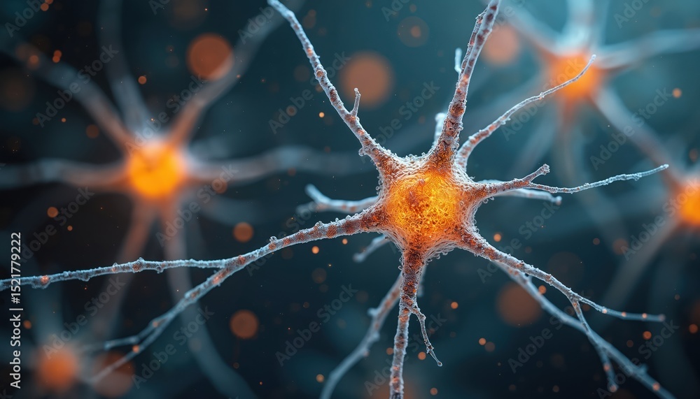 Poster illustration of neuron cells neural network under microscope. conceptual image brain, neurology, min