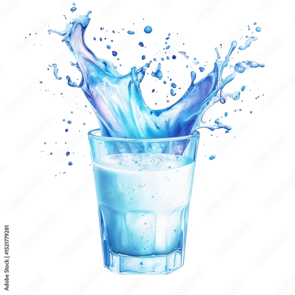 Poster bright splash of liquid from a glass creating dynamic shapes against a white background