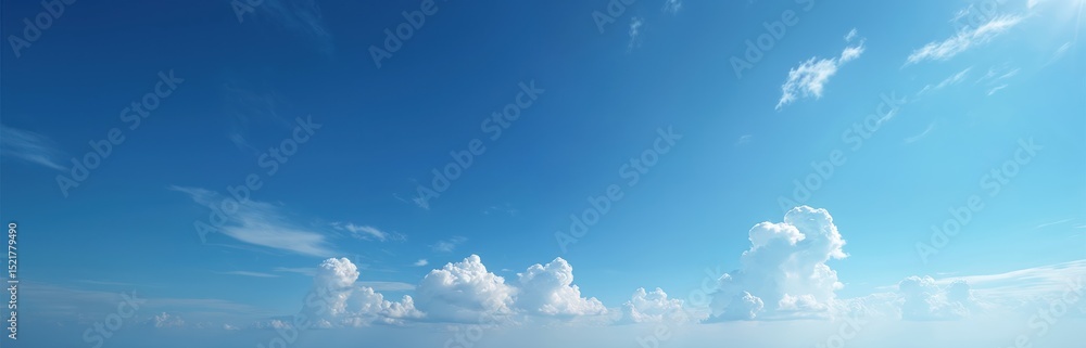 Aufkleber Blue sky with fluffy clouds on sunny day. White cumulus clouds float in a clear atmosphere. Summer vibes perfect for backgrounds tech design and eco concept.