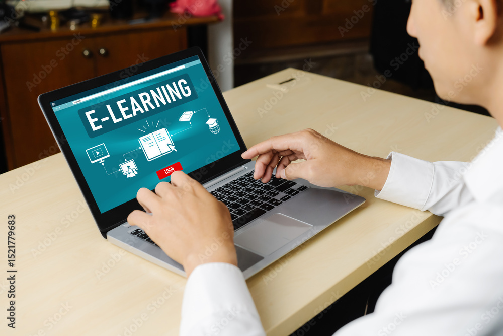 Poster e-learning website with modish sofware for student to study online on the internet network