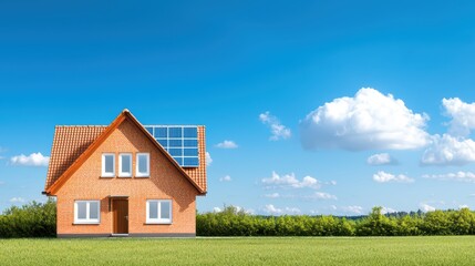 Obraz premium Modern Eco-Friendly House with Solar Panels on Roof Surrounded by Green Landscape and Blue Sky