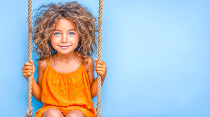 Joyful child in bright orange dress swings happily against a vibrant blue background on a sunny day