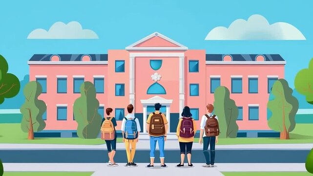 Group of students are walking towards a school building. They are all carrying backpacks. back to school concept