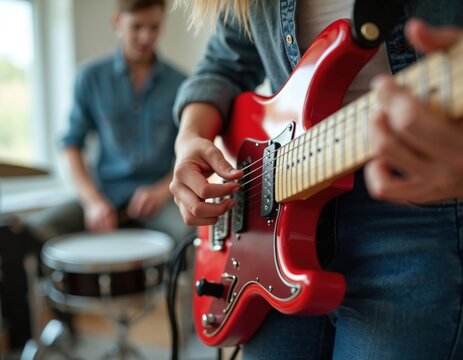 Young female musician plays electric guitar. Close-up of hands strumming strings on red guitar in practice. Drum set in the background. Friendship and musical skill during band rehearsal.